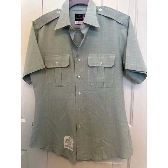Vintage Men's FLYING CROSS Uniform Shirt - Green Short Sleeve Size Small 10 1/2 - Picture 1 of 11